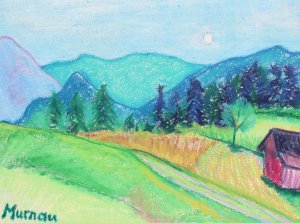 Die Zeichnung einer Voralpenlandschaft mit Hügeln, Wiesen, Bergen und einem kleinen roten Heuschober. Untertitelt "Murnau", von Lothar Thiel.
