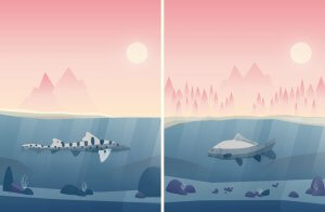 Zweiteilung des Bildes. Links ein Katzenhai unter Wasser, rechts ein Karpfen unter Wasser.