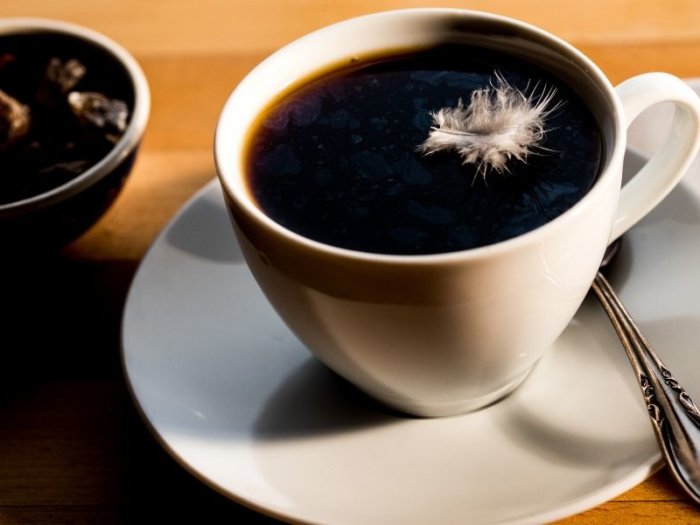 Eine Feder, die im Kaffee schwimmt. Foto: Emil Höfling und Emina Hupe