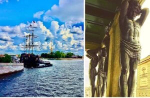Schiff im Wasser und Skulpturen in St. Petersburg.