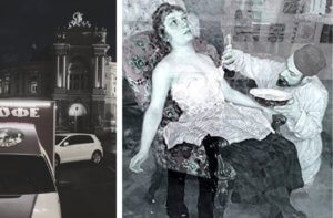 Die Oper von Odessa und ein Künstler beim Bestreichen der Brust seines Modells.