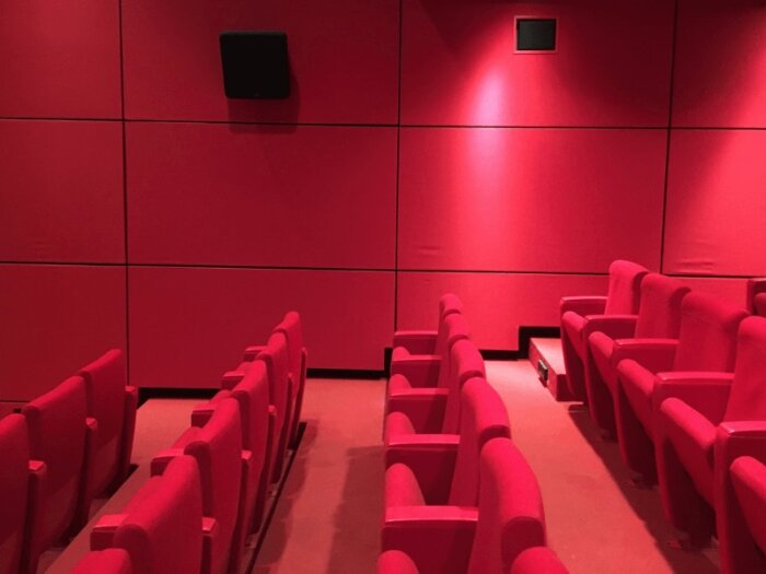 Ein leerer Kinosaal mit roten Kinosesseln, roter Wand und rotem Teppich.