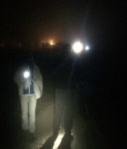 Zwei Menschen mit Taschenlampe machen eine Nachtwanderung.