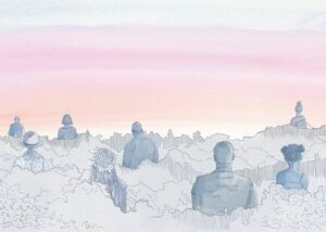 Eine Illustration von Menschen, die mit dem Rücken zum Betrachter bis zur Brust in einem Meer aus Schaum oder Wolken stehen.