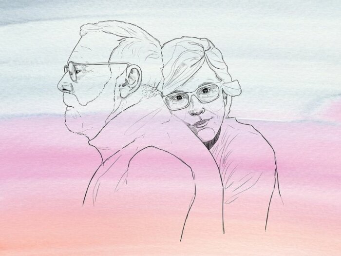 Eine Illustration eines älteren Paares, die Frau umarmt den Mann.