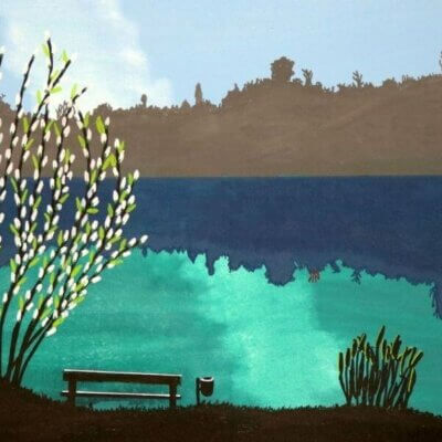 Eine Illustration eines Sees mit Frühlingsbaum und einer Bank.